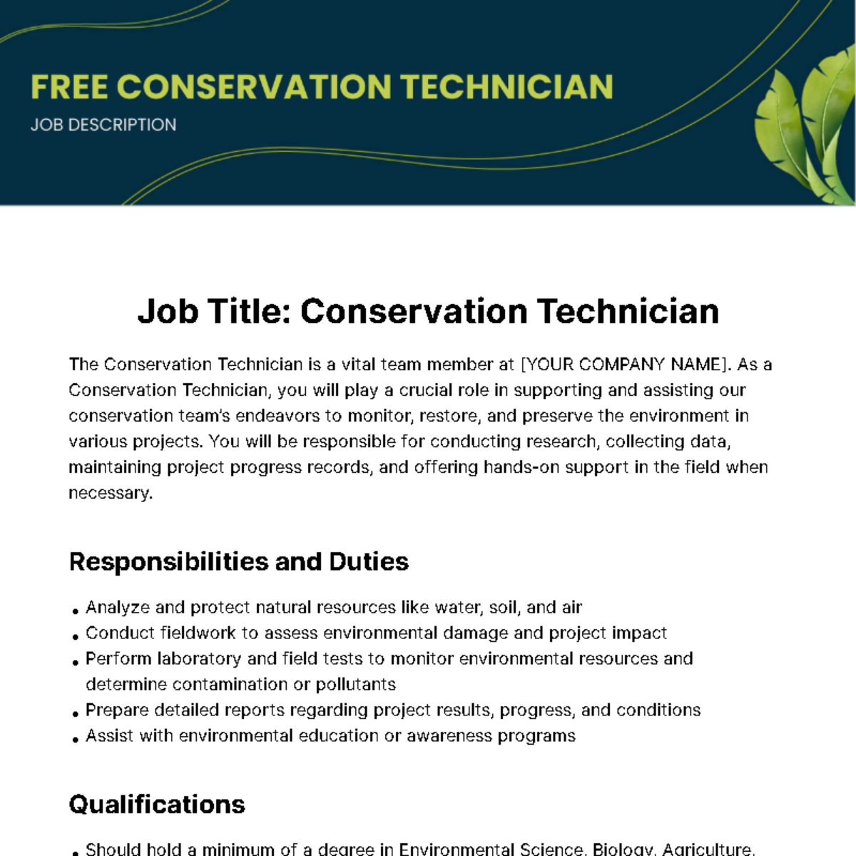 Free Conservation Technician Job Description Template