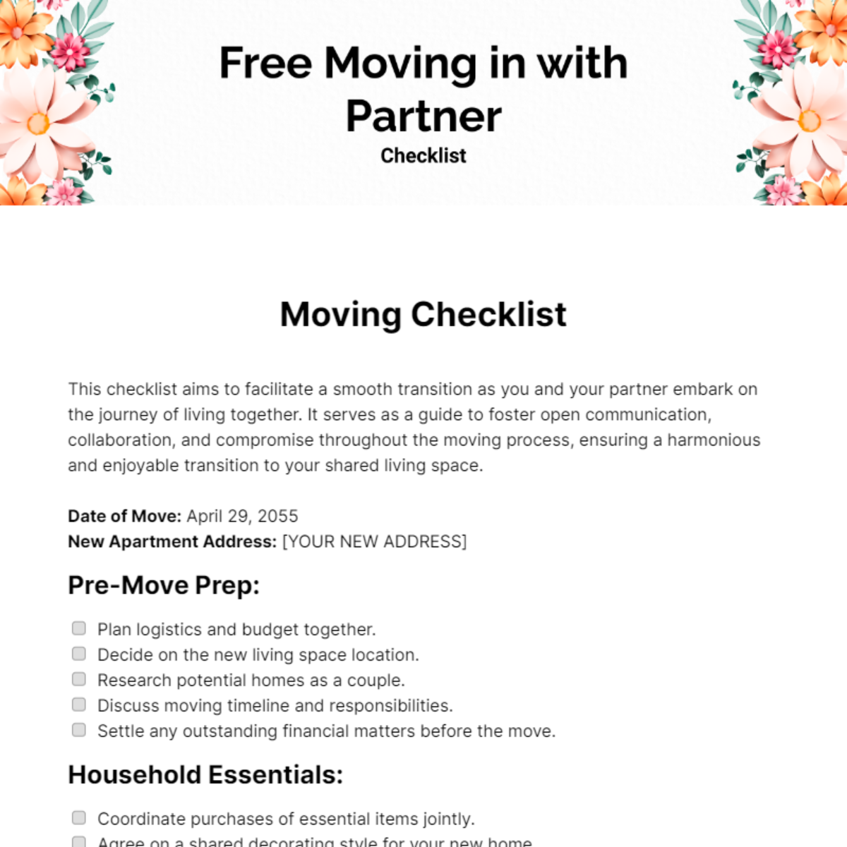 Free Moving in with Partner Checklist Template