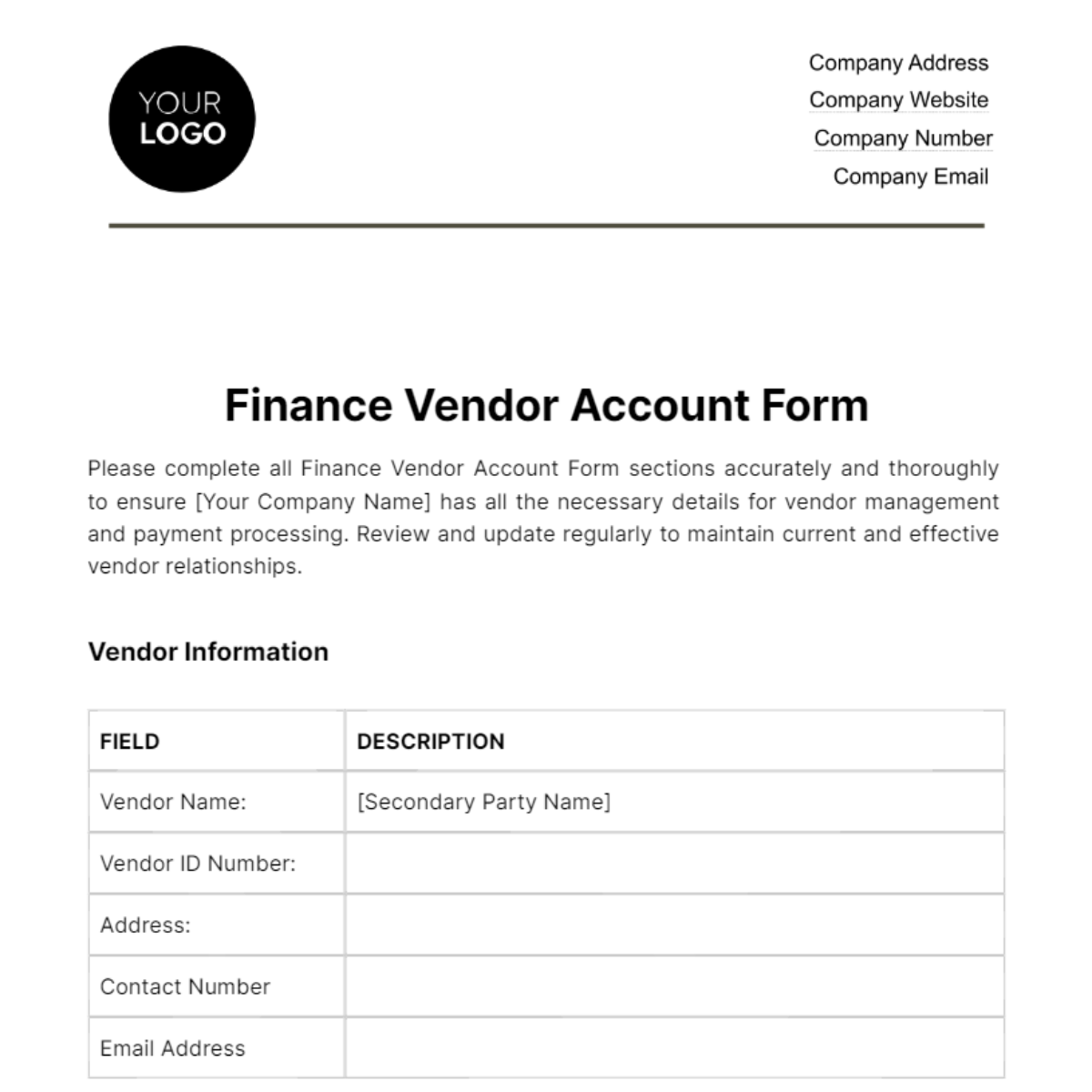 Finance Vendor Account Form Template