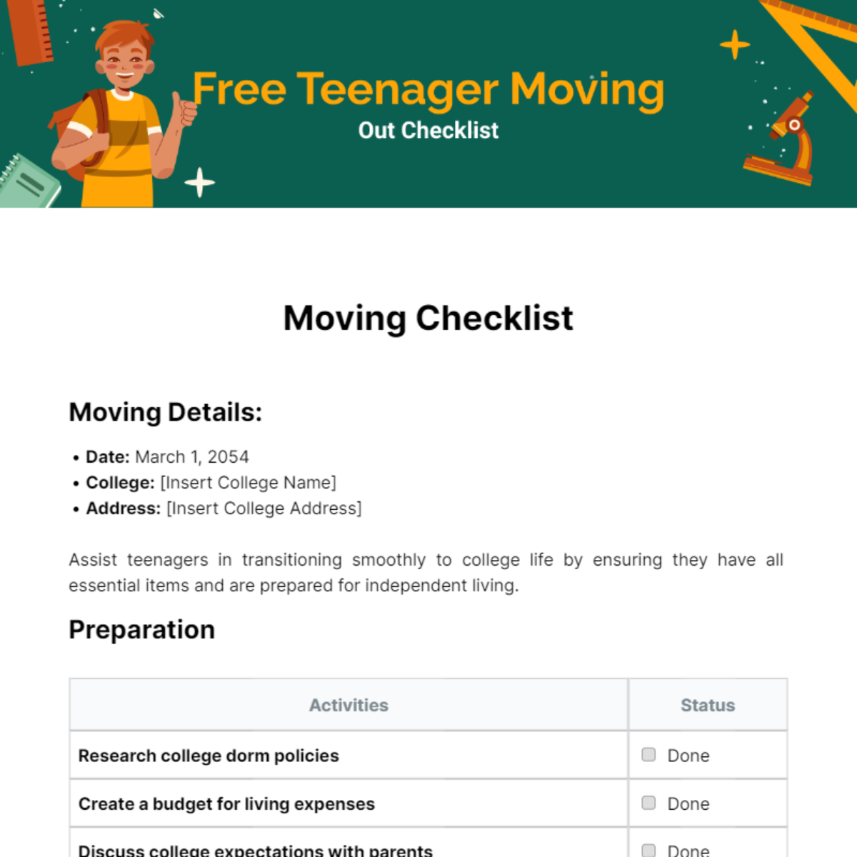 Teenager Moving Out Checklist Template