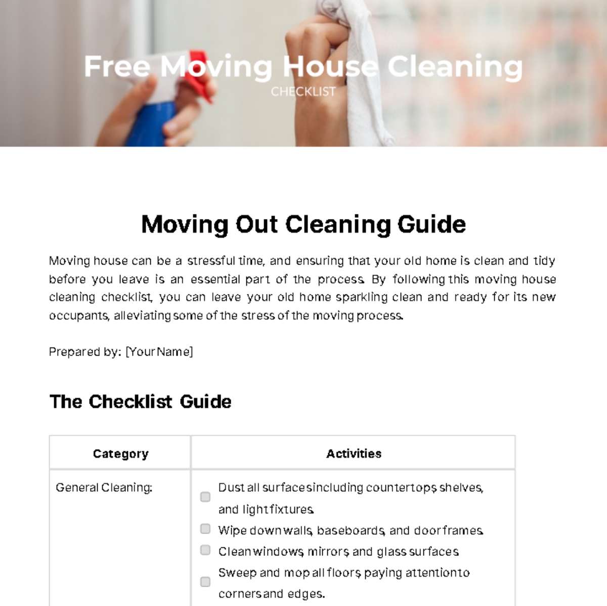 Moving House Cleaning Checklist Template