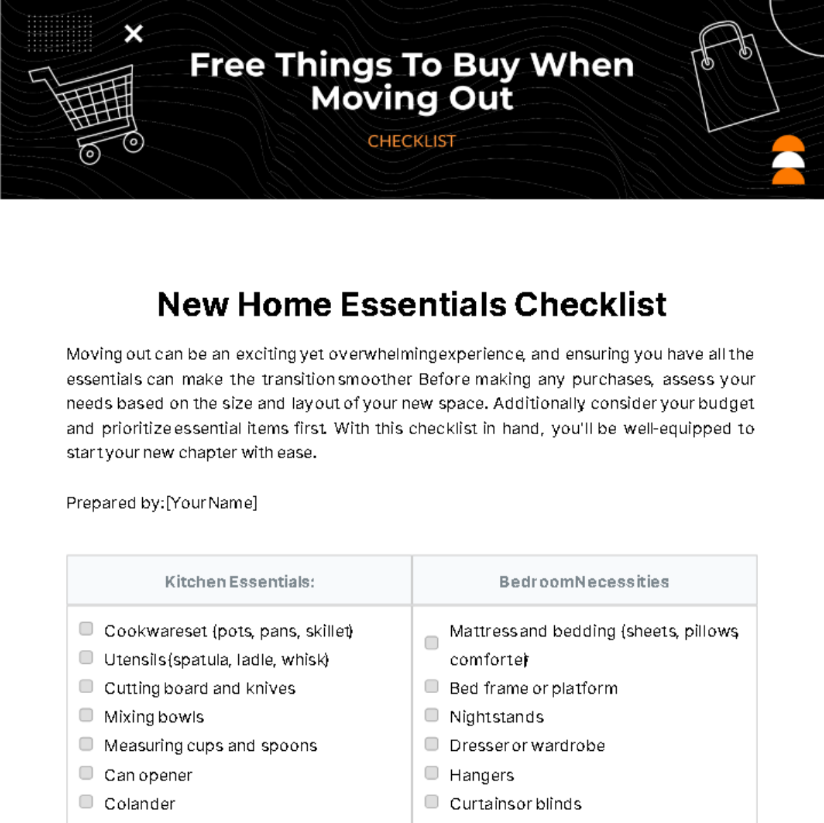 Free Things To Buy When Moving Out Checklist Template