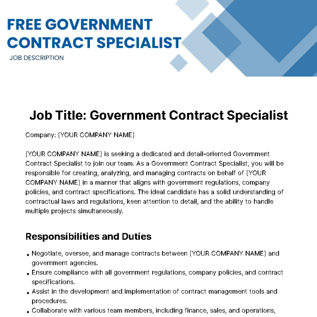 Free Government Contract Specialist Job Description Template