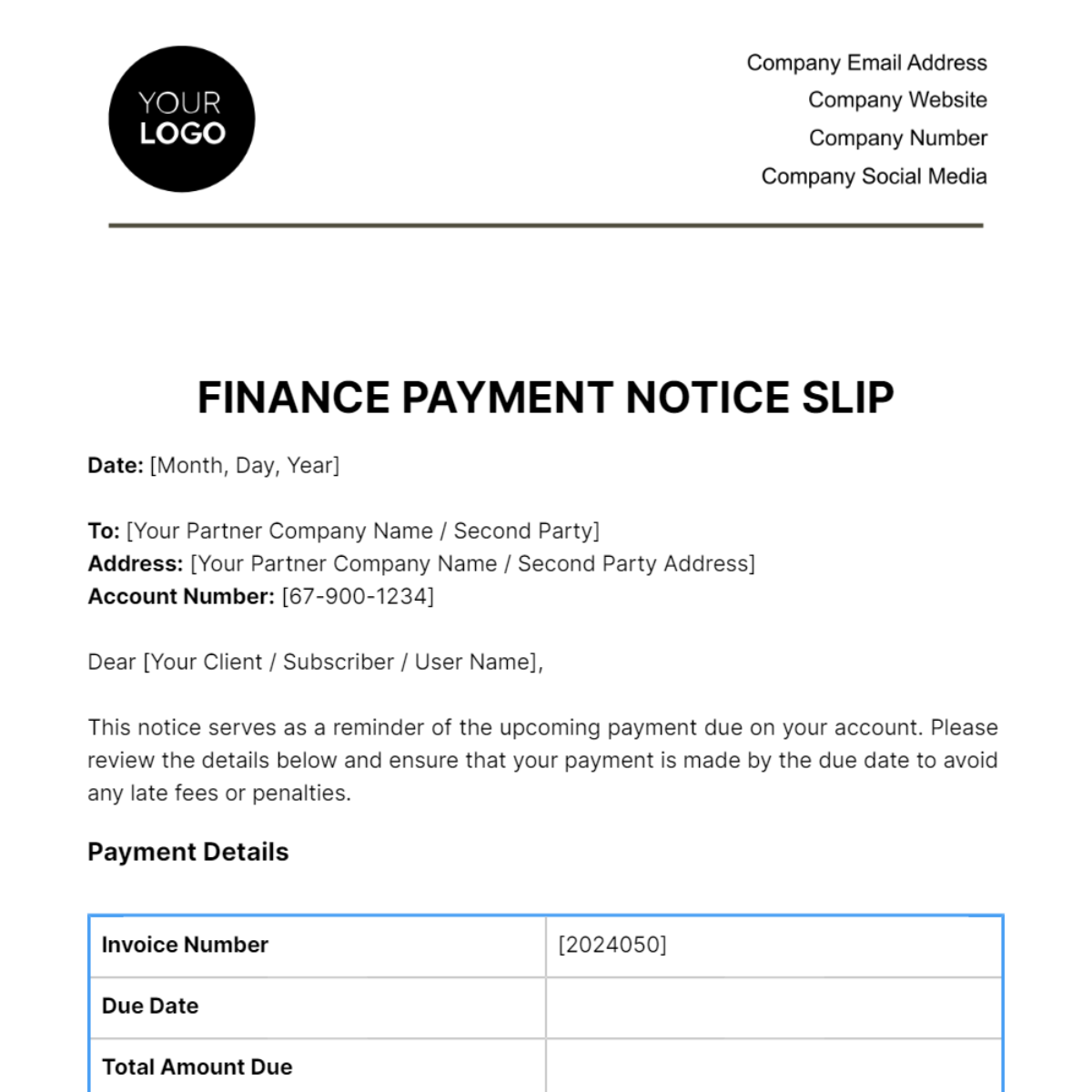 Finance Payment Notice Slip Template - Edit Online & Download