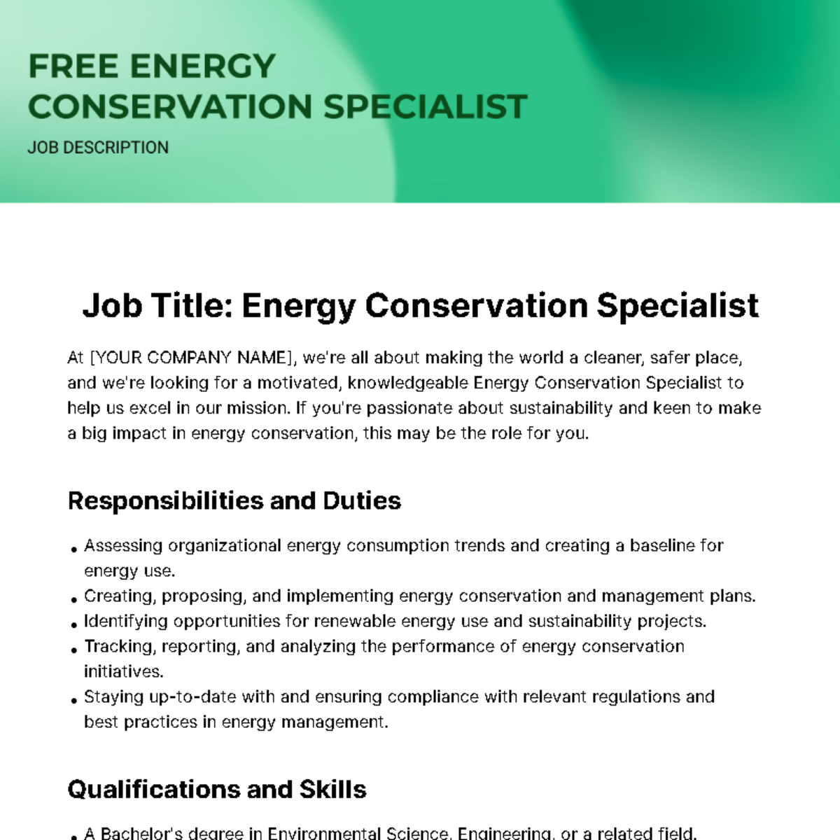Free Energy Conservation Specialist Job Description Template