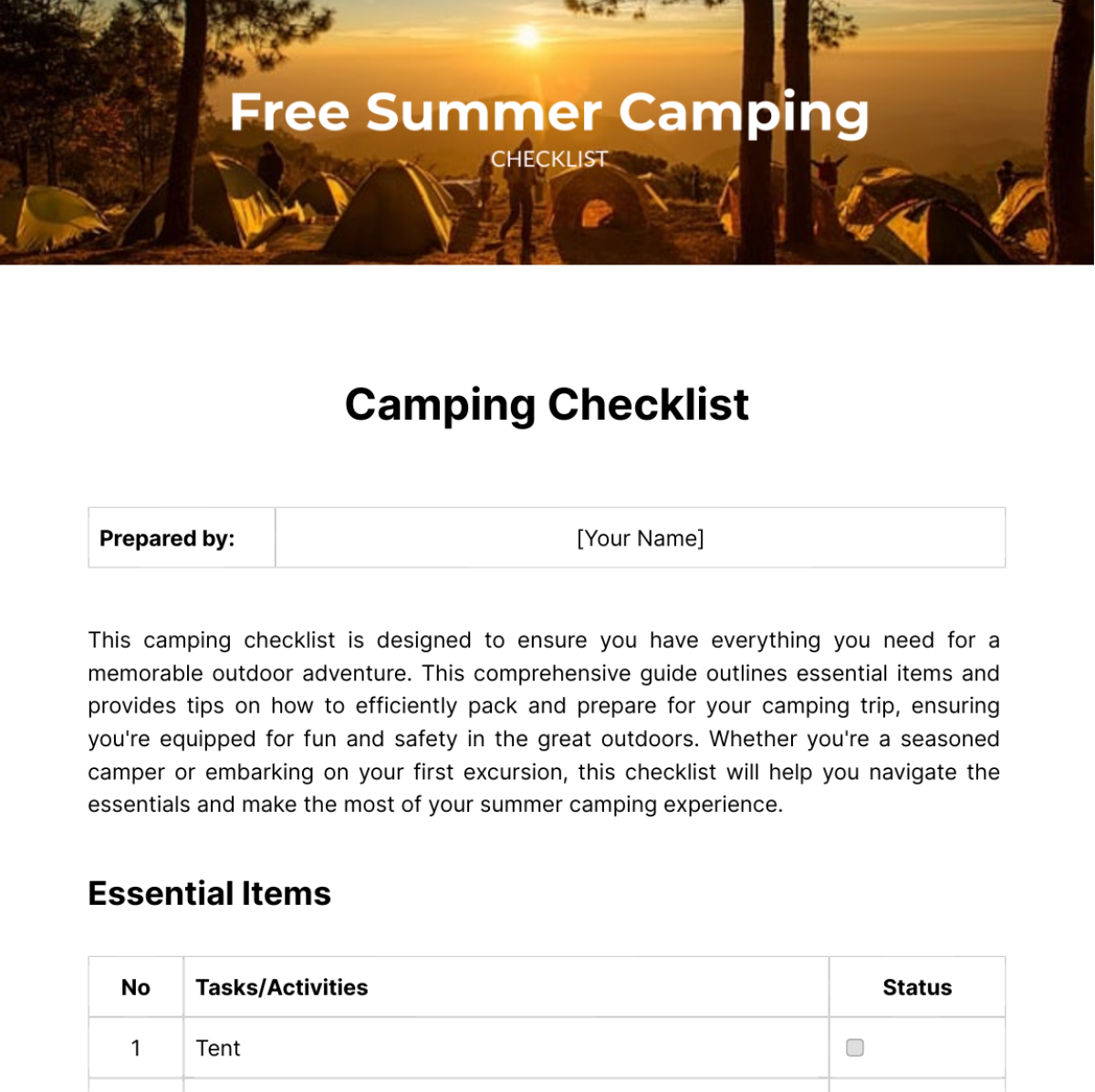 Summer Camping Checklist Template