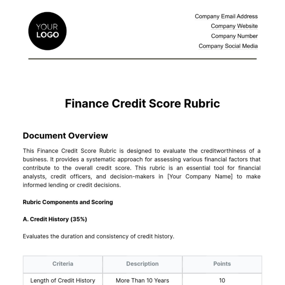 Finance Credit Score Rubric Template