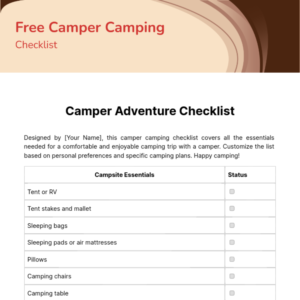 Free Camper Camping Checklist Template
