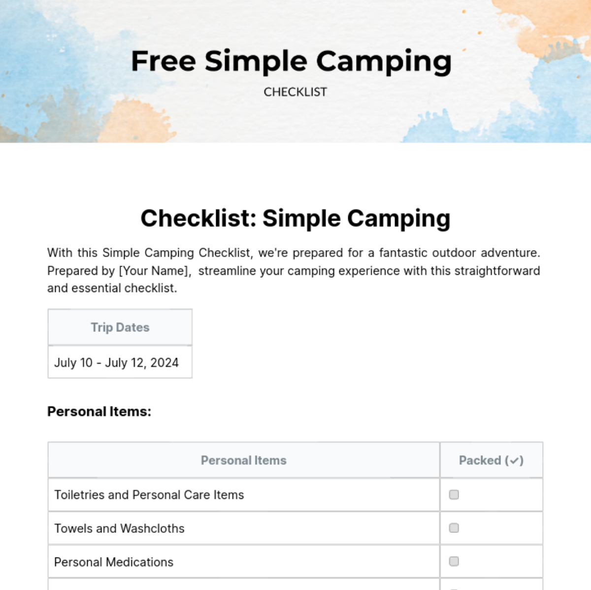Free Simple Camping Checklist Template