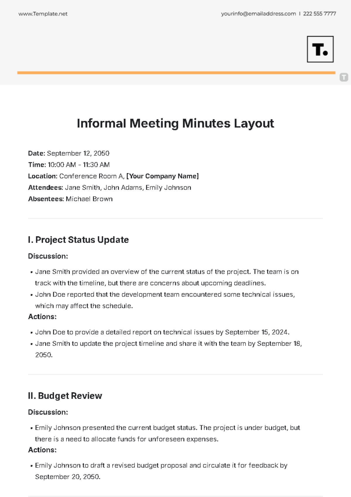 Informal Meeting Minutes Layout Template - Edit Online & Download