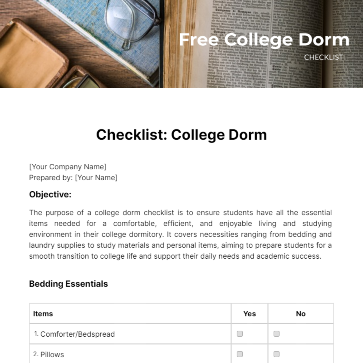 Free College Dorm Checklist Template