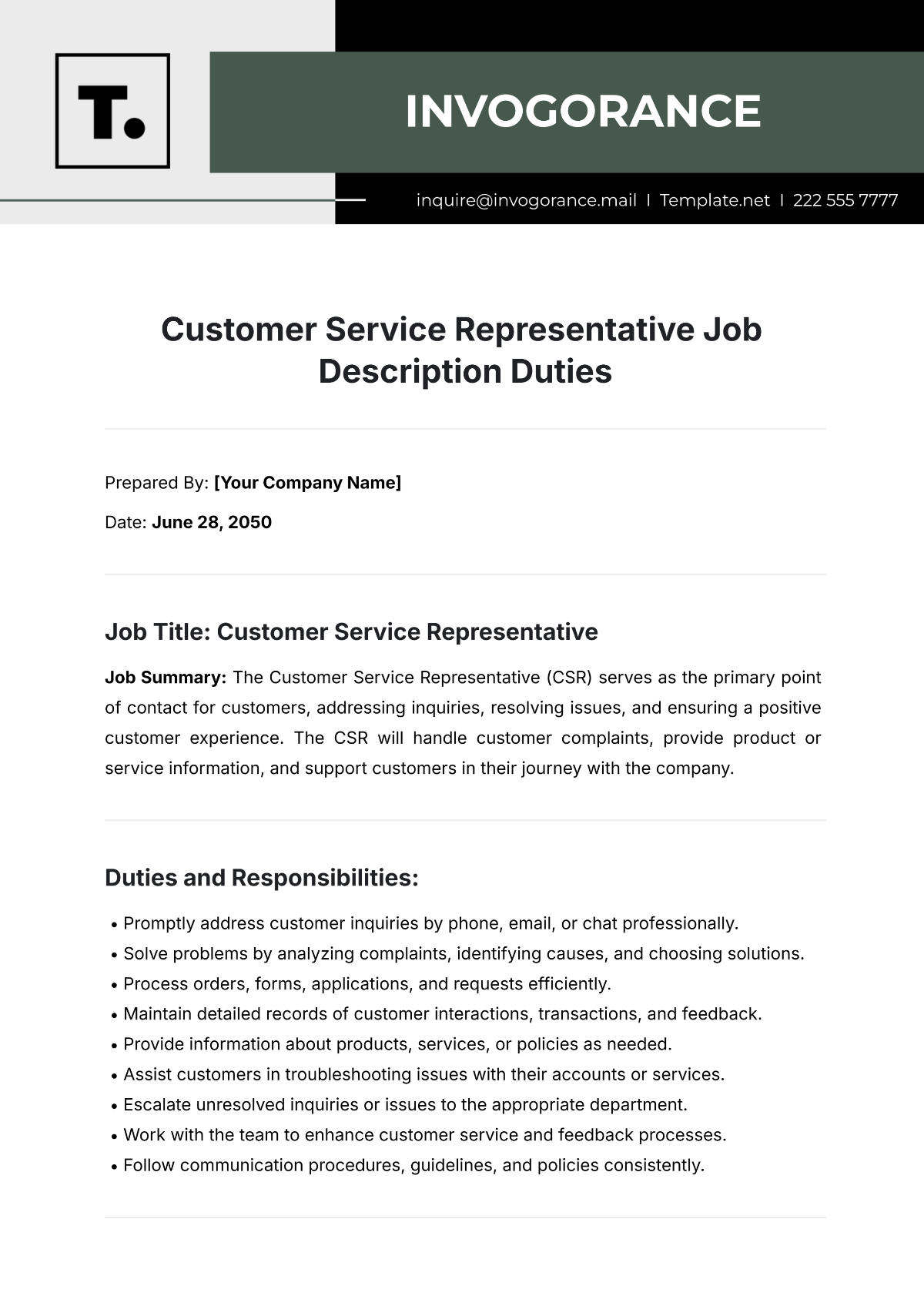 Customer Service Representative Job Description Duties Template - Edit Online & Download