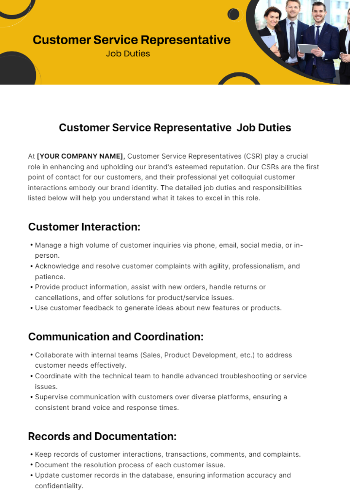 Customer Service Representative Job Duties Template - Edit Online & Download