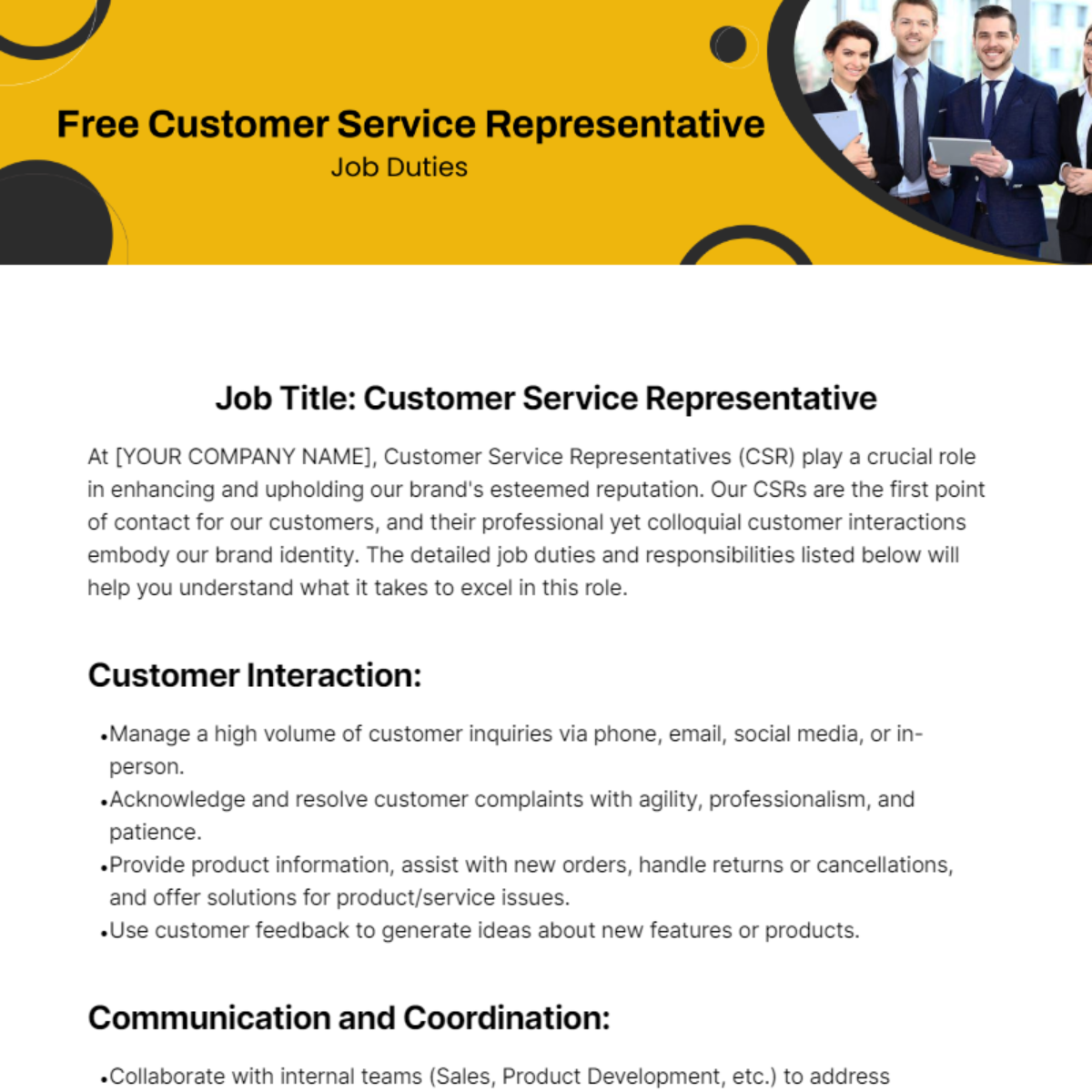 Customer Service Representative Job Duties Template