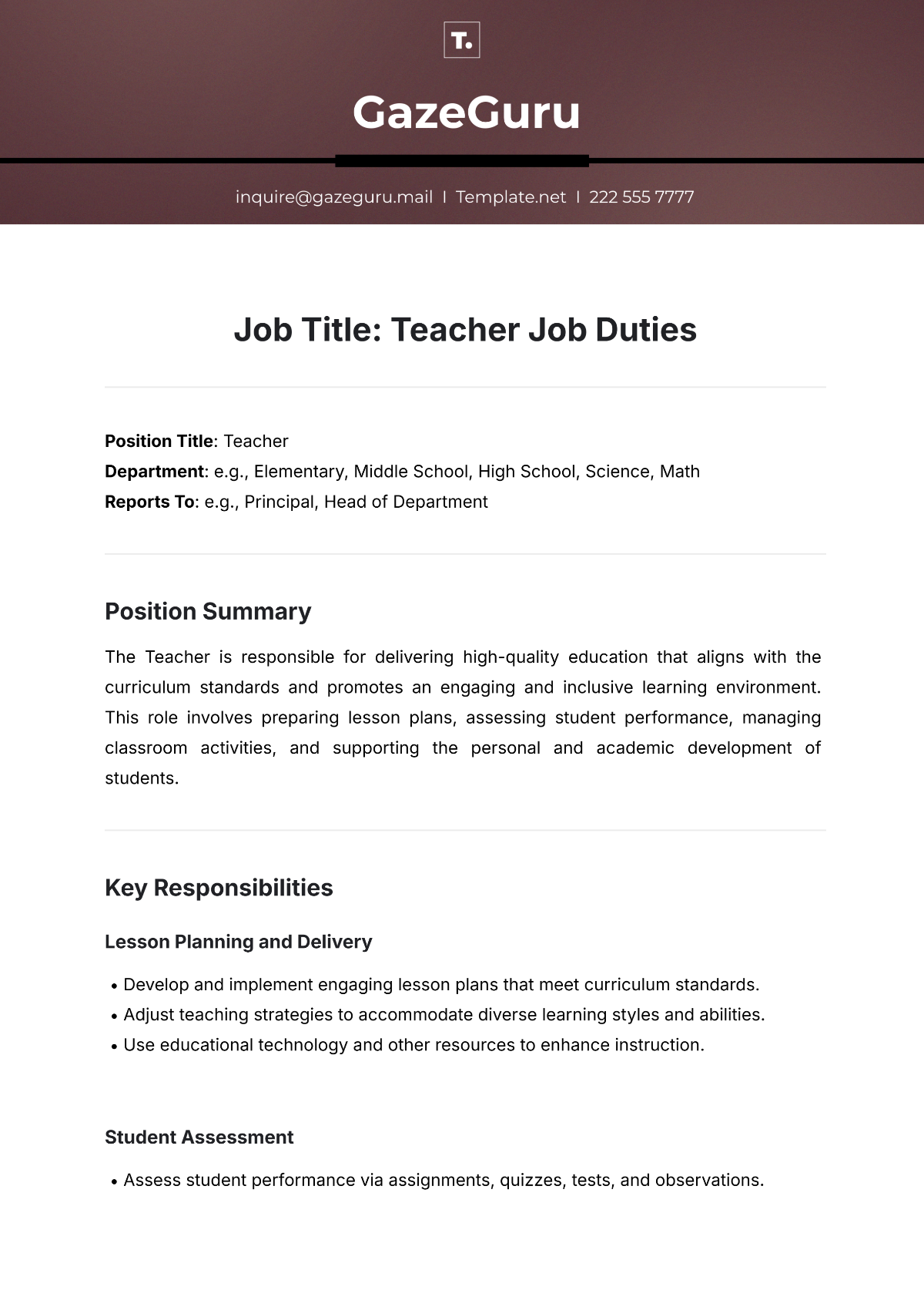 Teacher Job Description Duties Template - Edit Online & Download