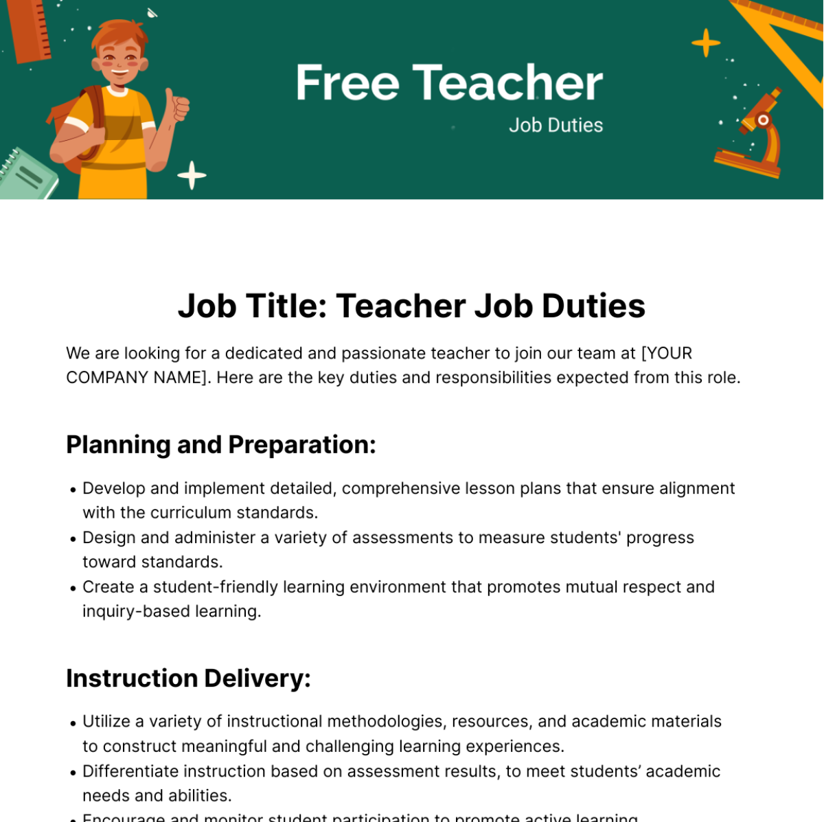 Teacher Job Duties Template