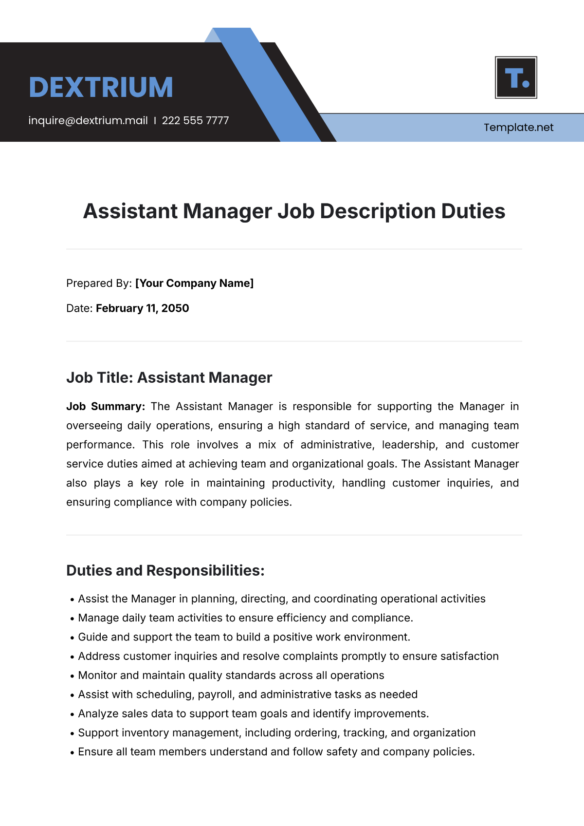 Assistant Manager Job Description Duties Template - Edit Online & Download