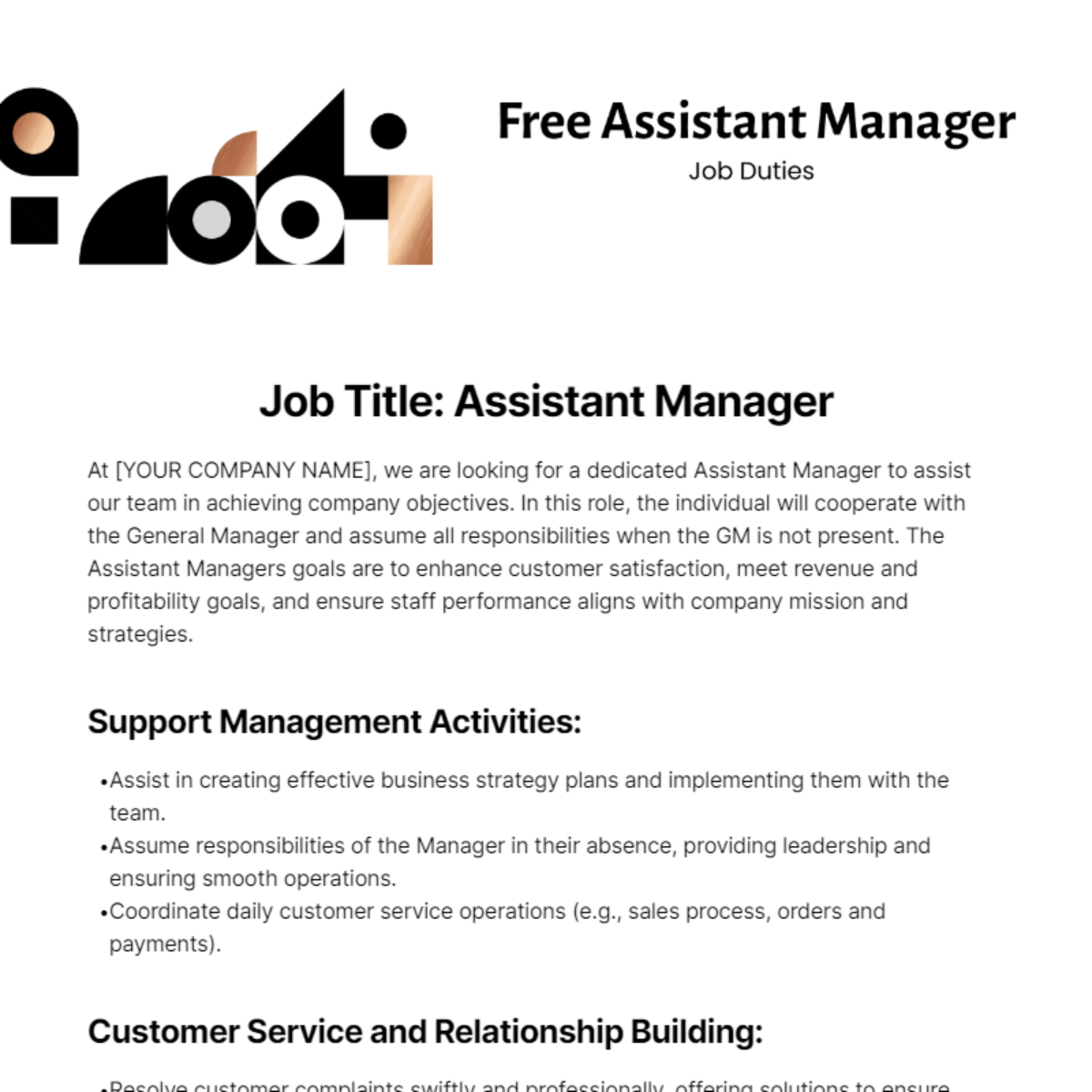 Assistant Manager Job Duties Template