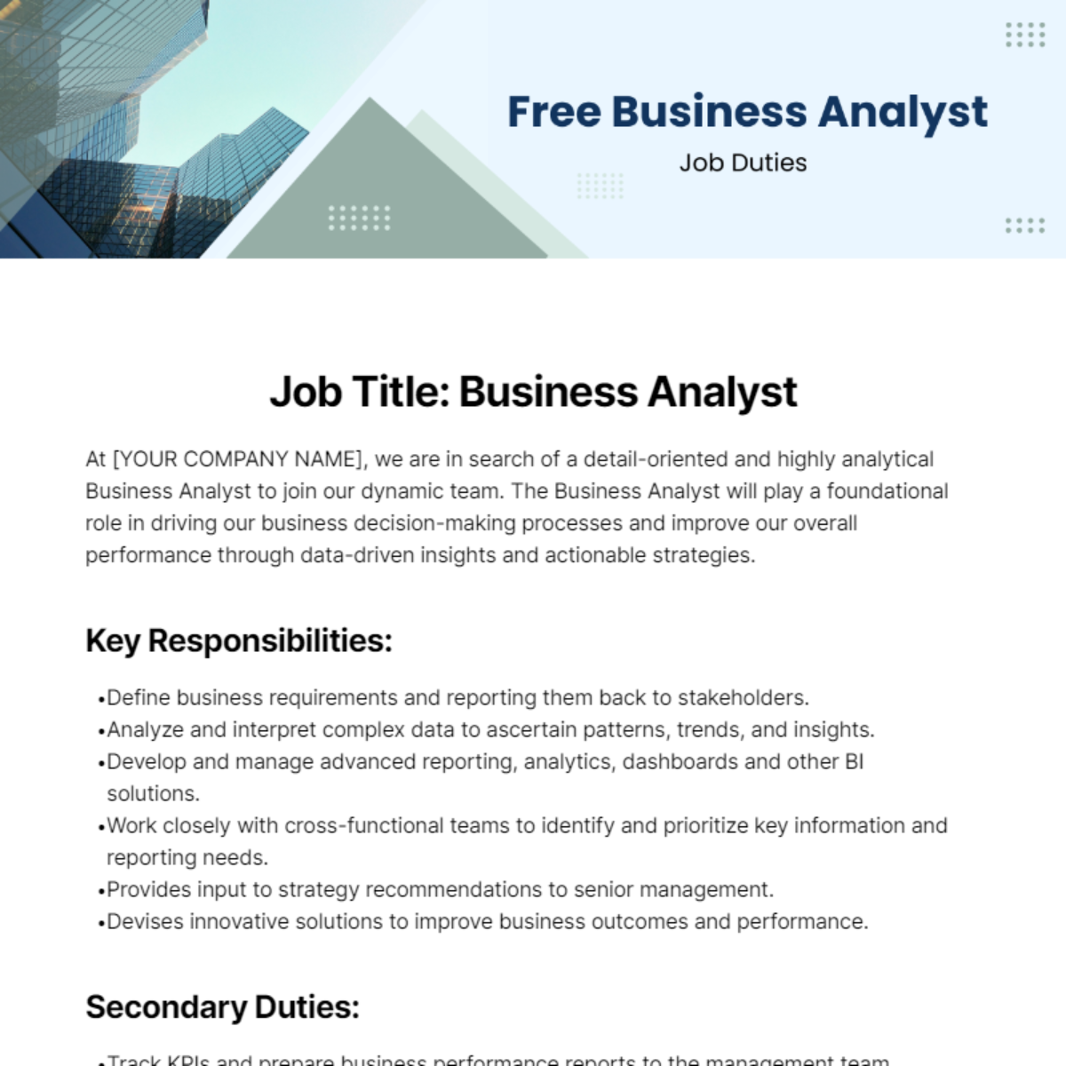 Business Analyst Job Duties Template