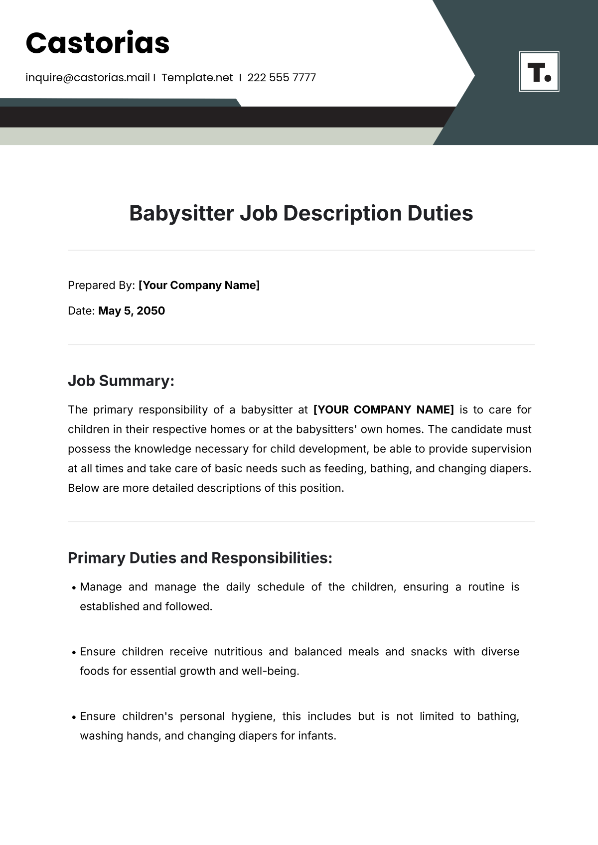 Babysitter Job Description Duties Template - Edit Online & Download