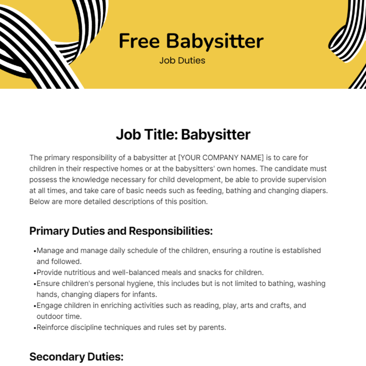 Free Babysitter Job Duties Template