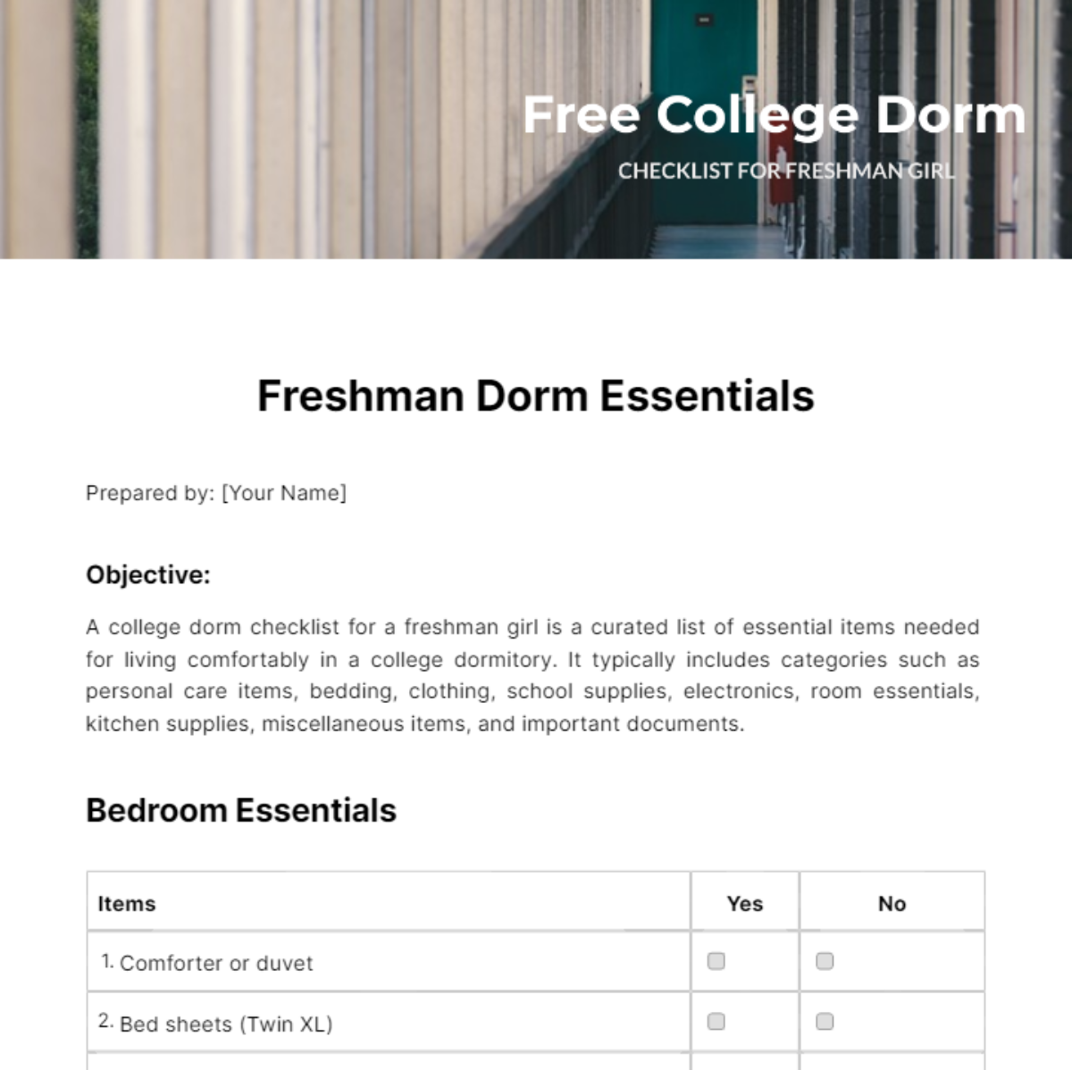 Free College Dorm Checklist For Freshman Girl Template