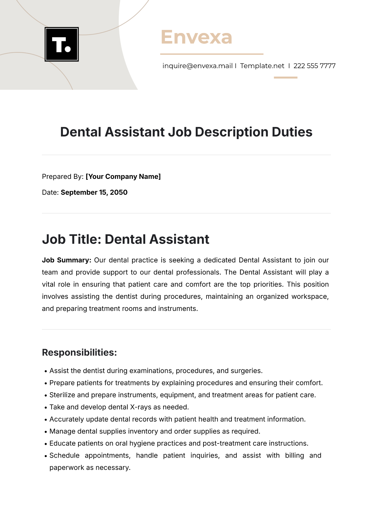 Dental Assistant Job Description Duties Template - Edit Online & Download