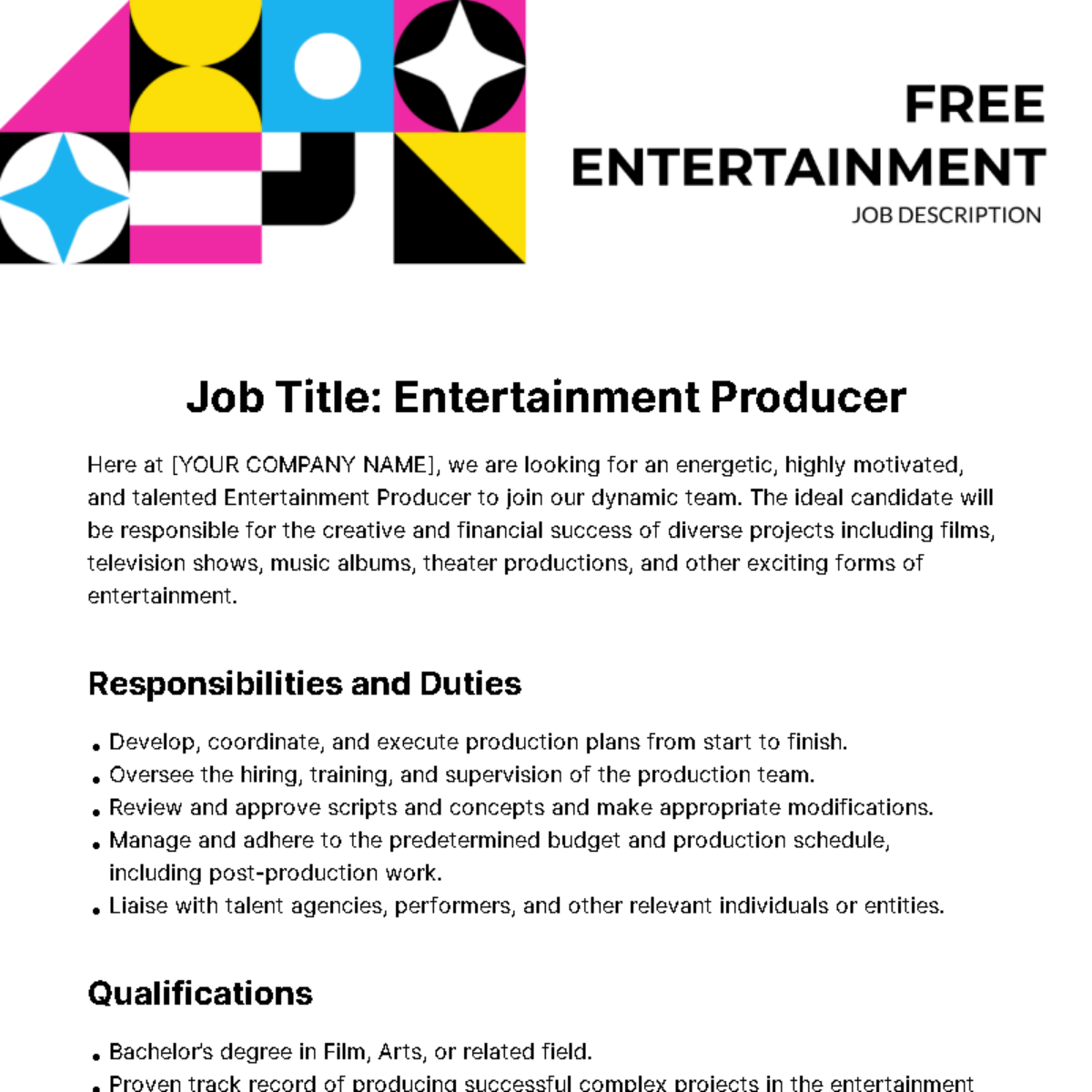 Free Entertainment Job Description Template