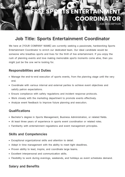 Free Sports Entertainment Coordinator Job Description Template to Edit Online