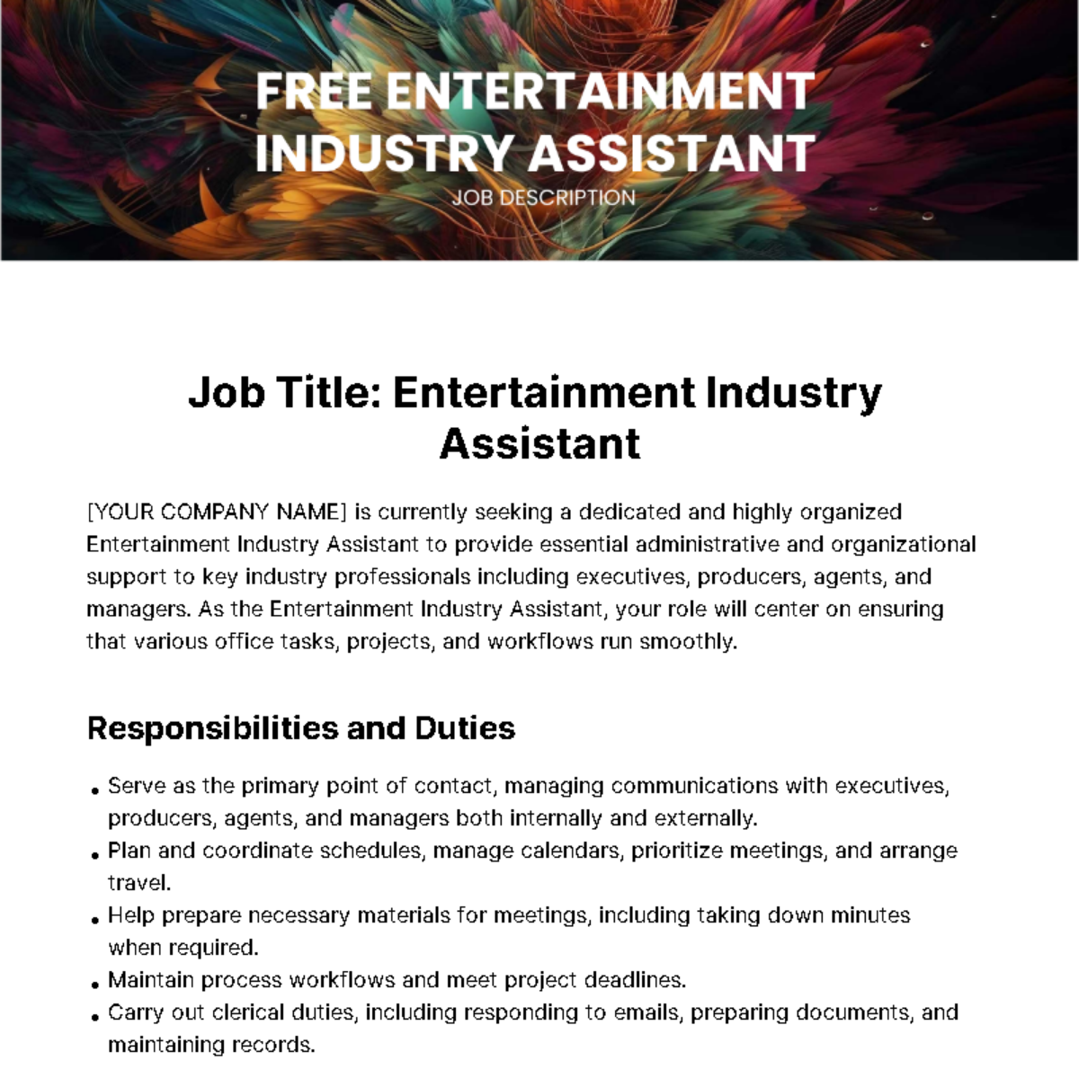Free Entertainment Industry Assistant Job Description Template