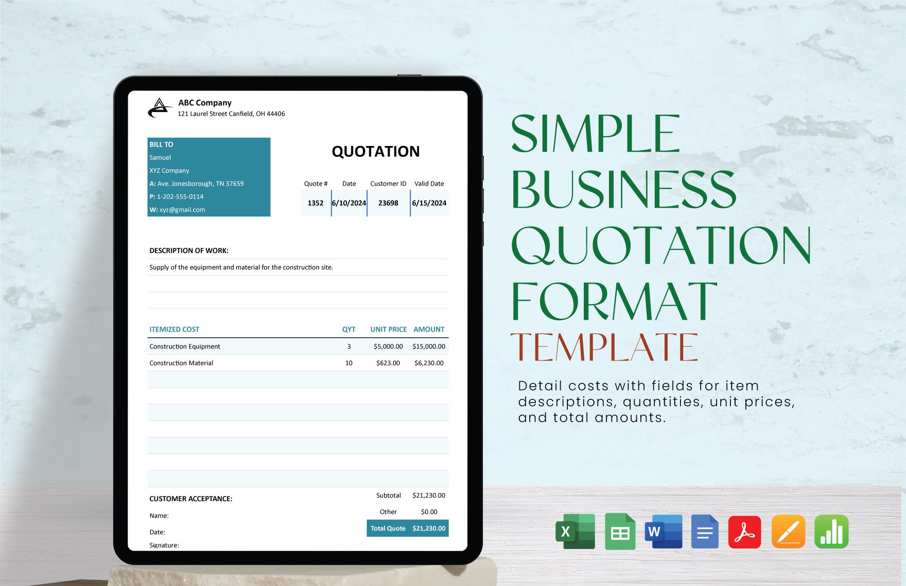 Simple Business Quotation Format Template in Word, Google Docs, Excel, PDF, Google Sheets, Apple Pages, Apple Numbers