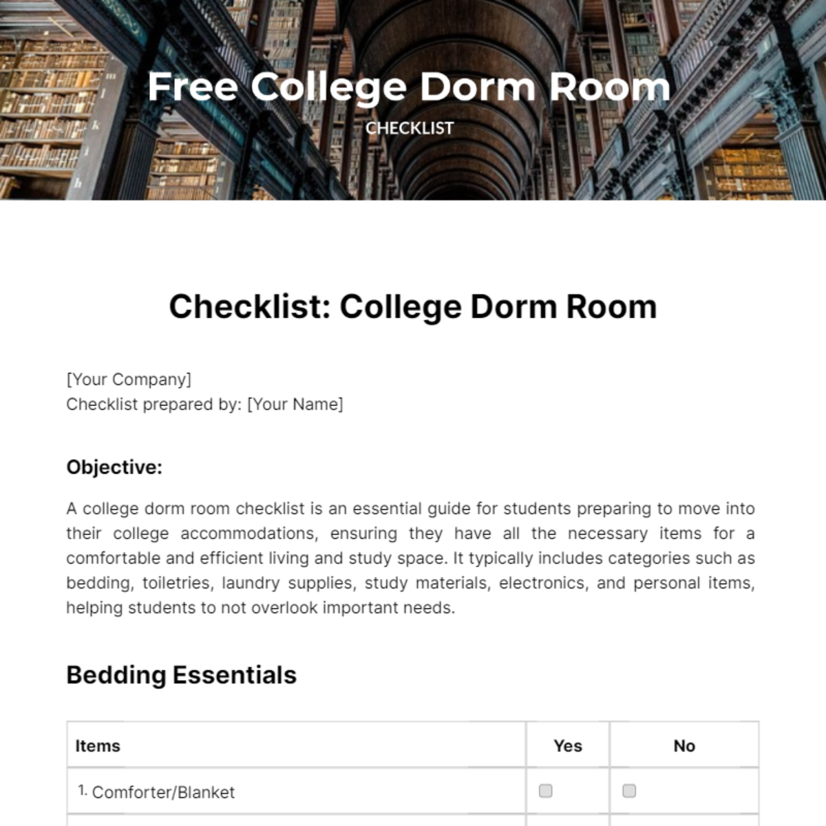 College Dorm Room Checklist Template