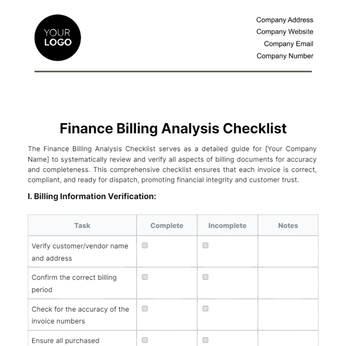 Finance Billing Analysis Checklist Template