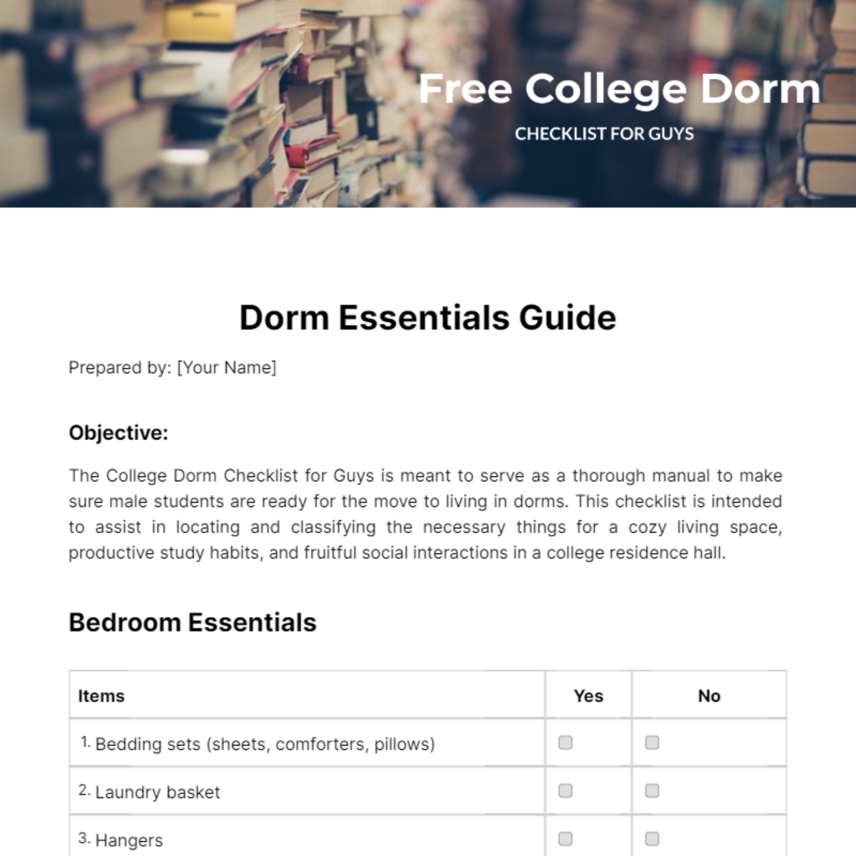 College Dorm Checklist For Guys Template