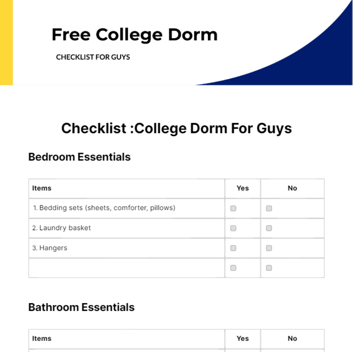 College Dorm Checklist For Guys - Edit Online & Download Example