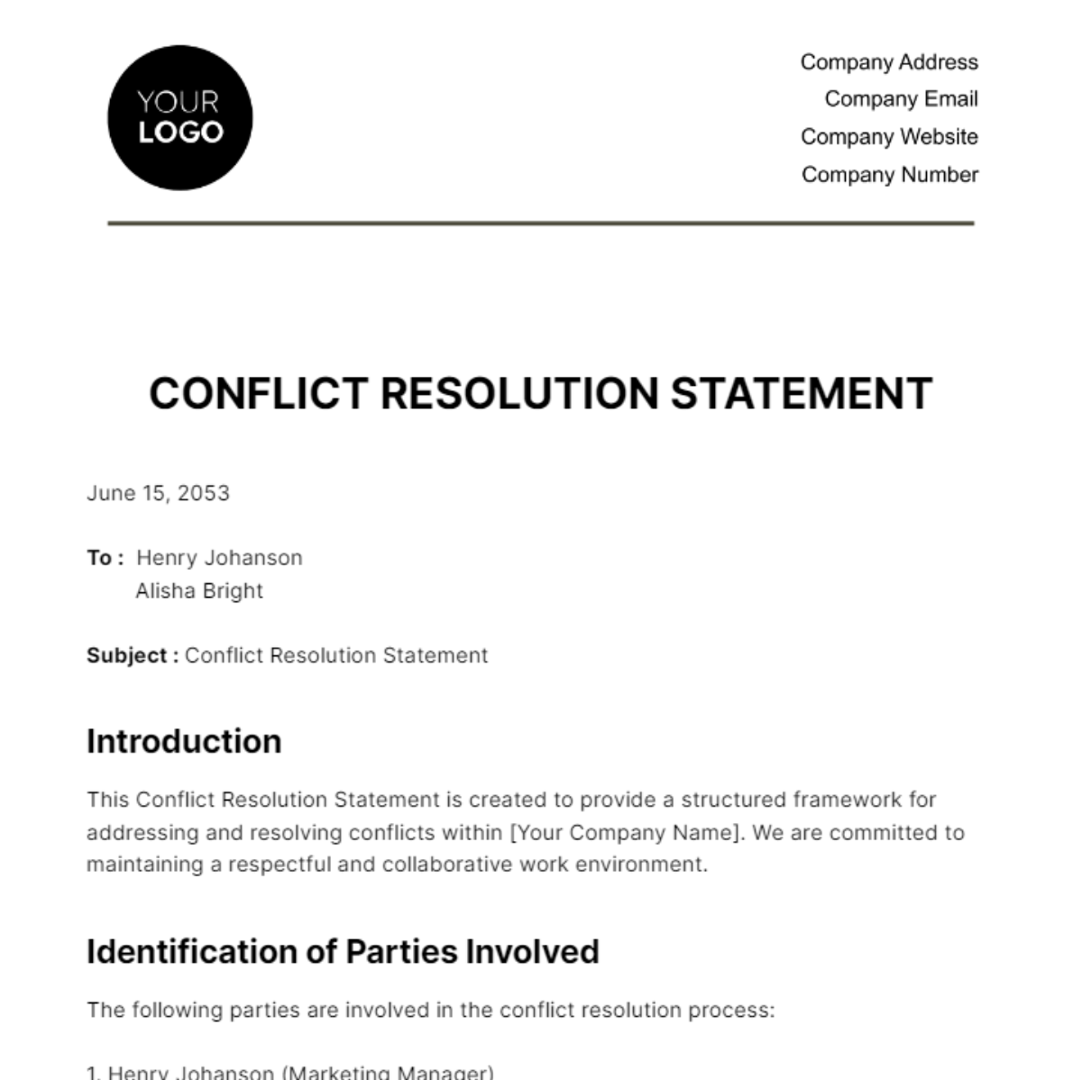 Free Conflict Resolution Statement HR Template