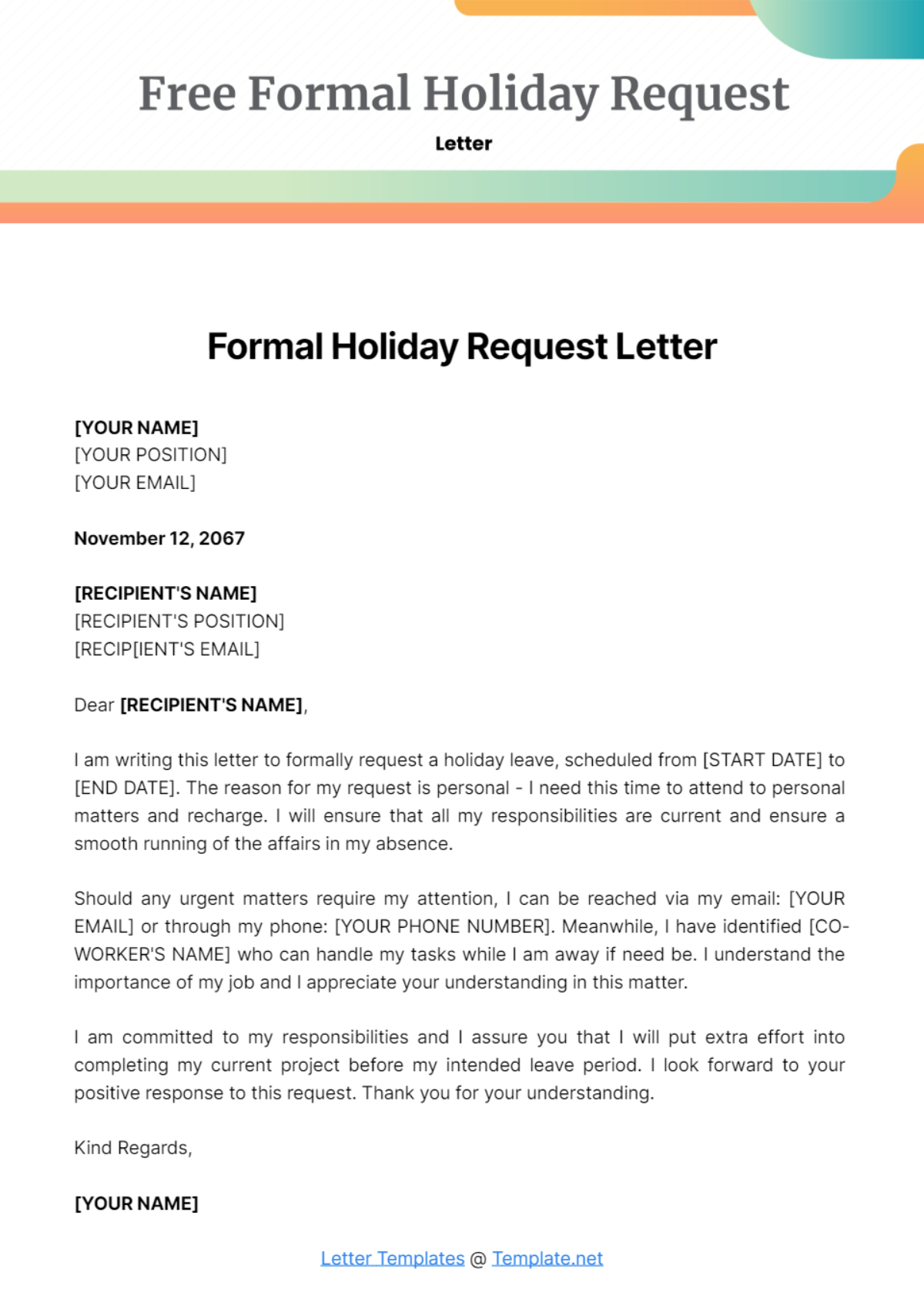 Free Formal Holiday Request Letter Template