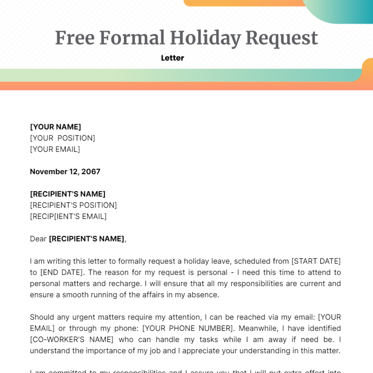 Formal Holiday Request Letter Template