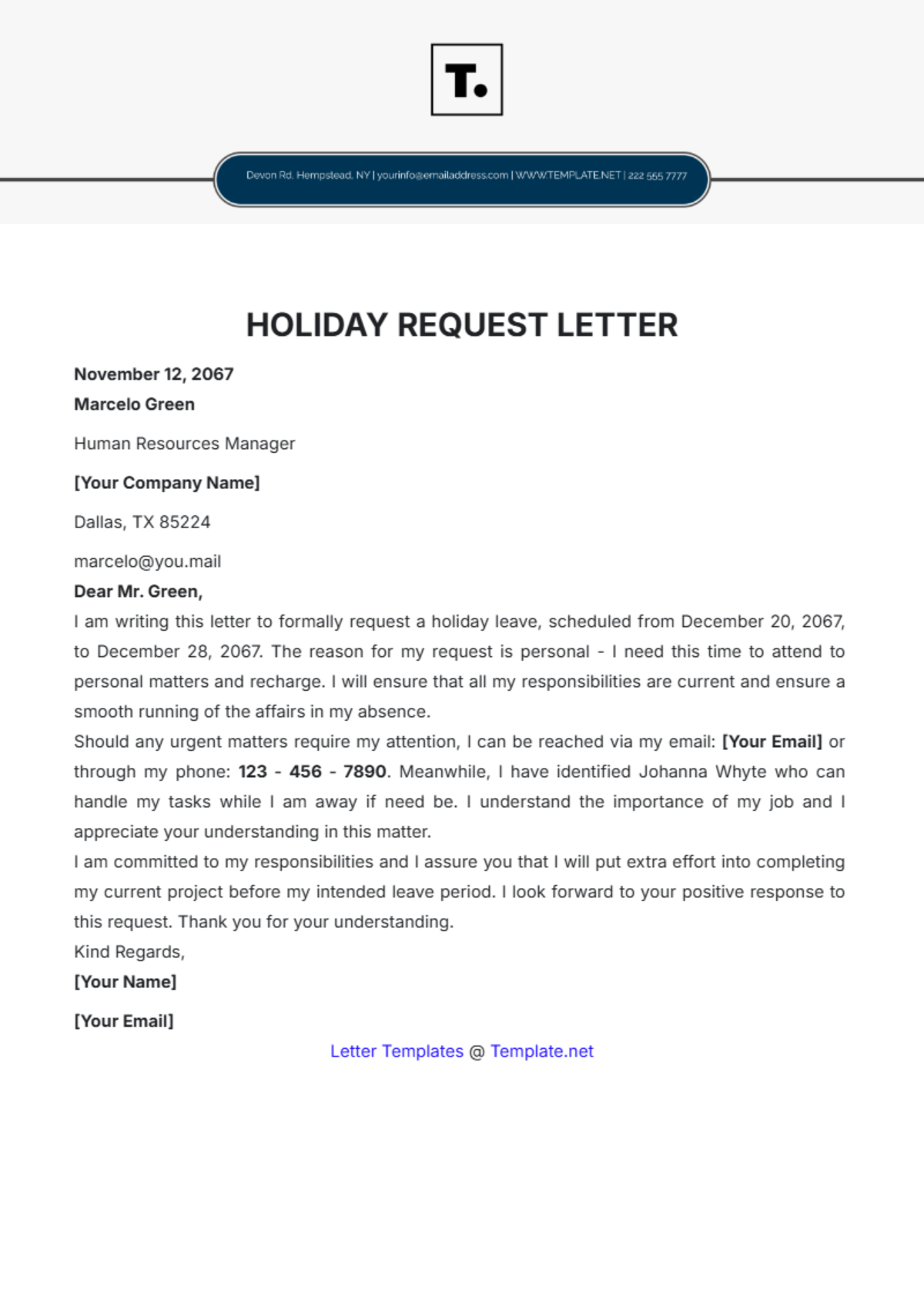 Holiday Request Letter Template - Edit Online & Download