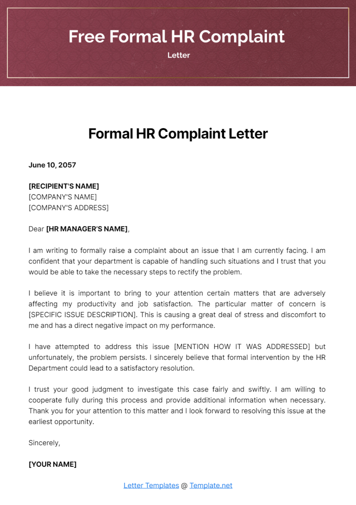 Free Formal HR Complaint Letter Template