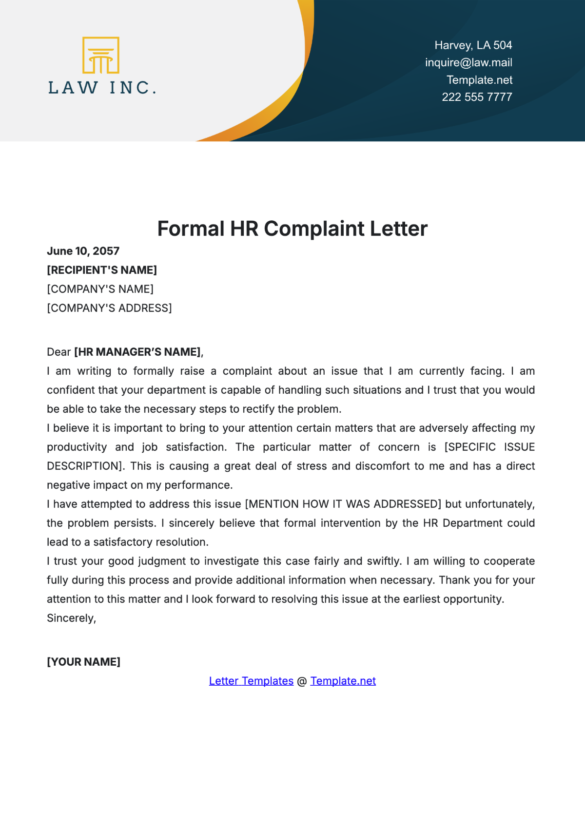 Free Formal HR Complaint Letter Template