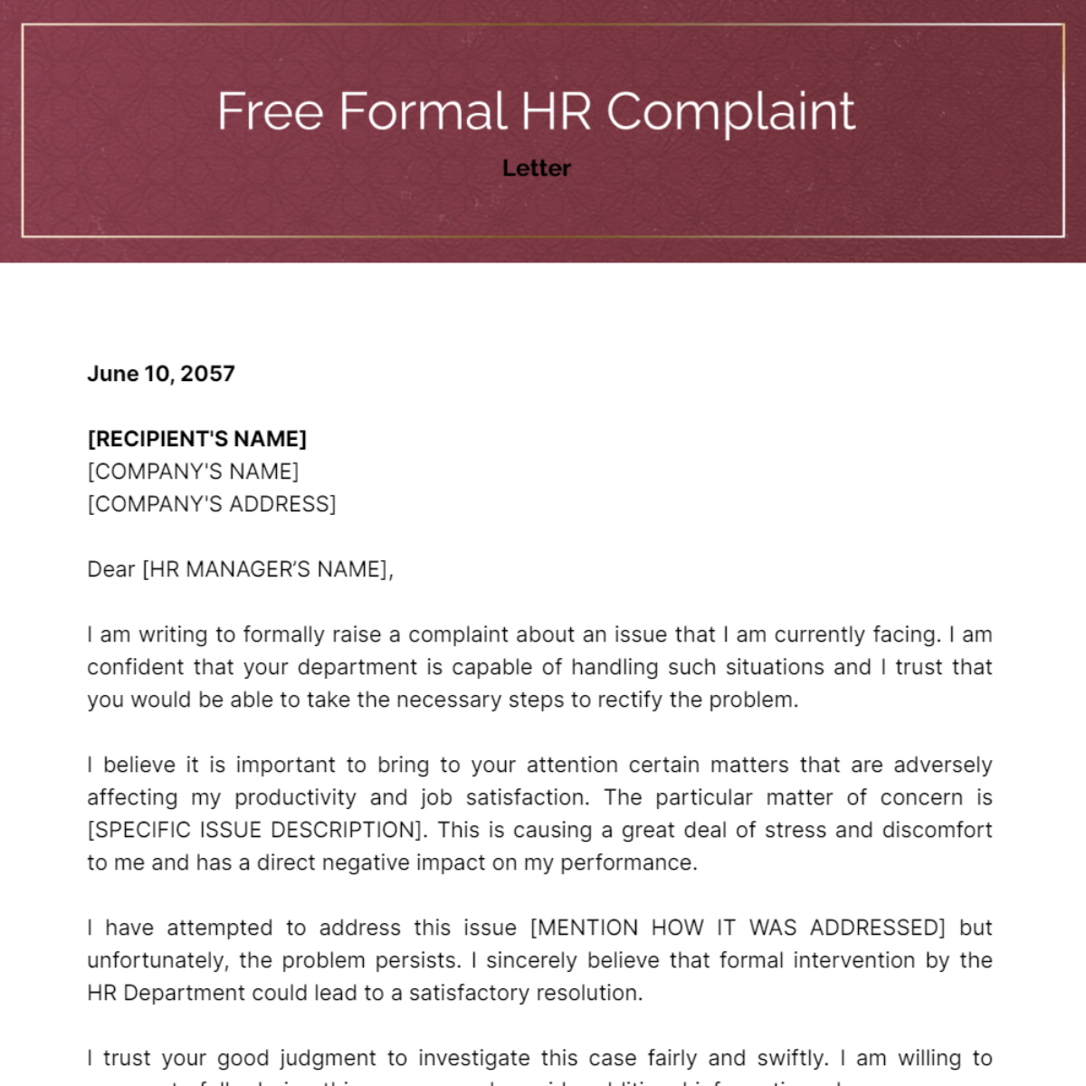 Formal HR Complaint Letter Template