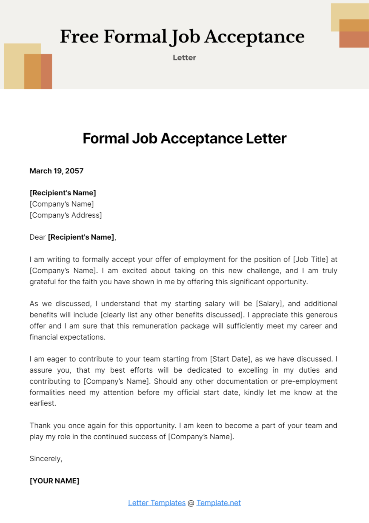 Free Formal Job Acceptance Letter Template
