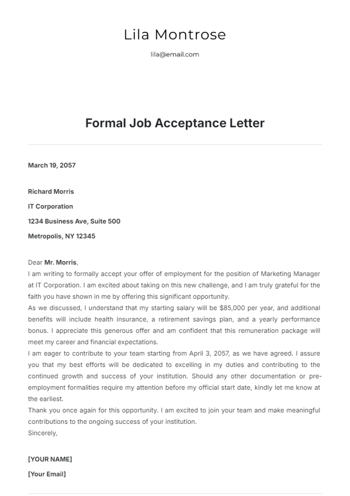 Formal Job Acceptance Letter Template - Edit Online & Download