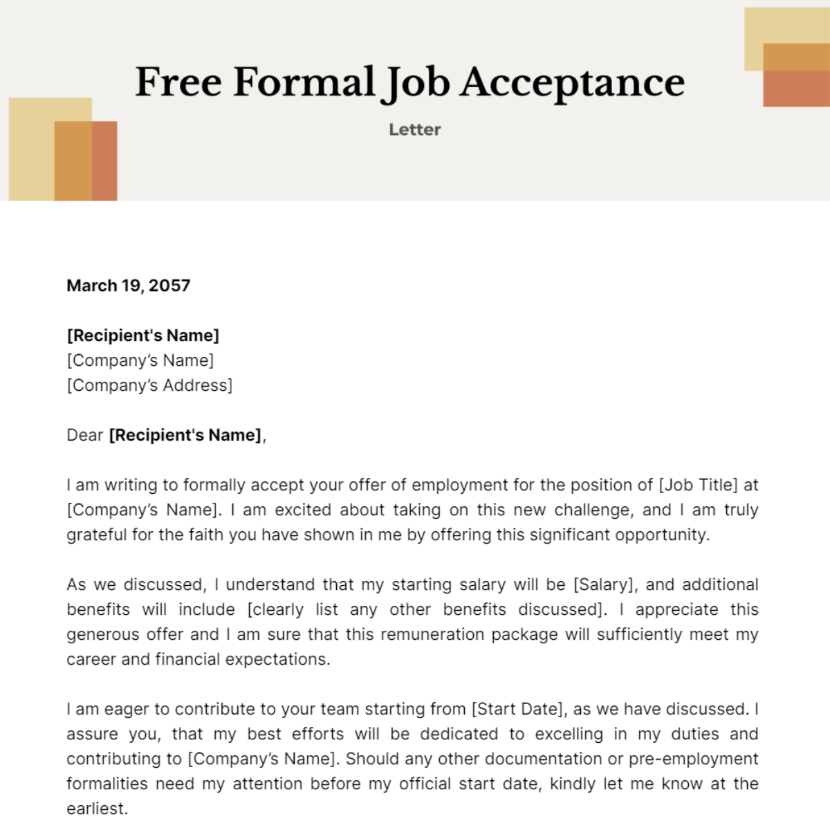 Formal Job Acceptance Letter Template