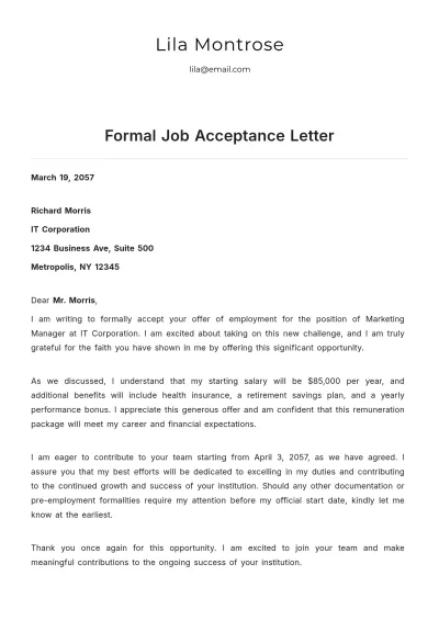 Free Formal Job Acceptance Letter Template to Edit Online