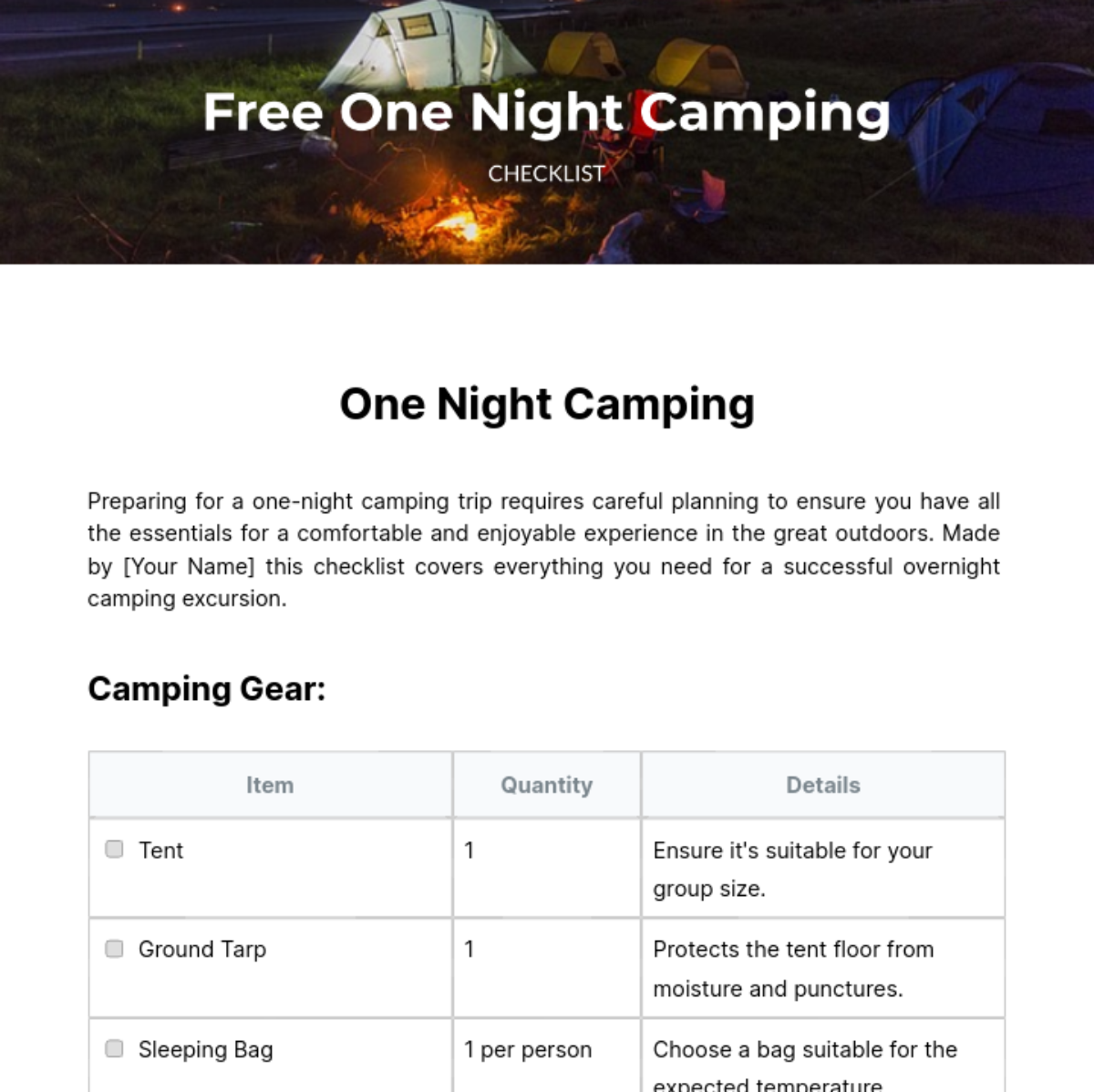 One Night Camping Checklist Template