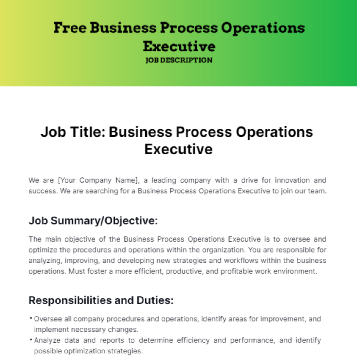 Free Business Process Operations Executive Job Description Template