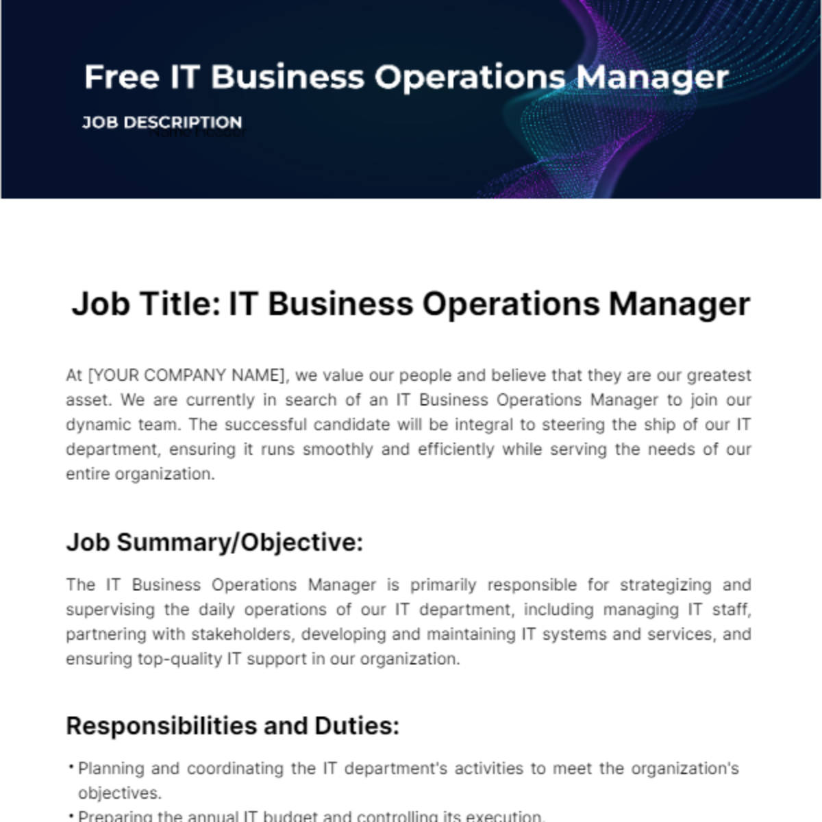 Free IT Business Operations Manager Job Description Template