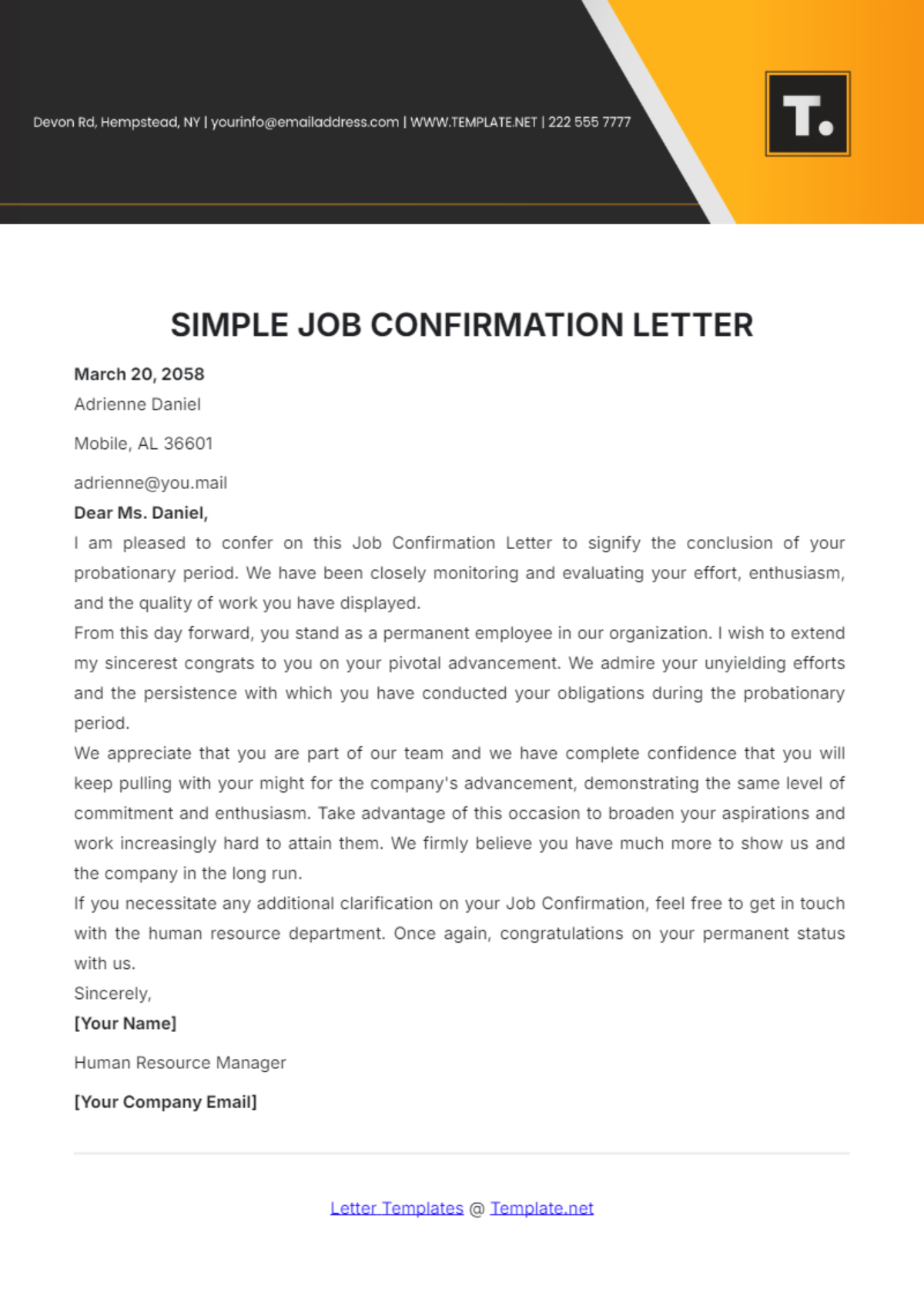 Simple Job Confirmation Letter Template - Edit Online & Download